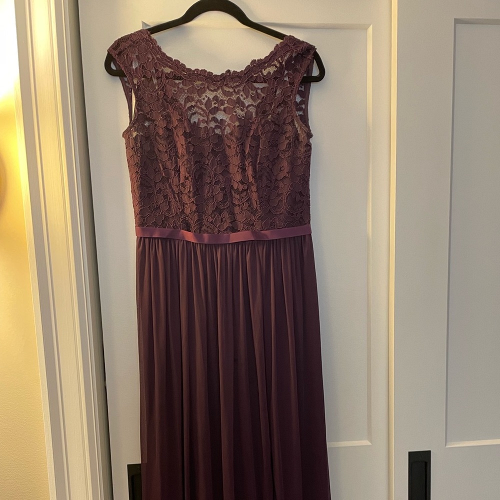 Davids Bridal Plum bridesmaid dress. Style F19328
